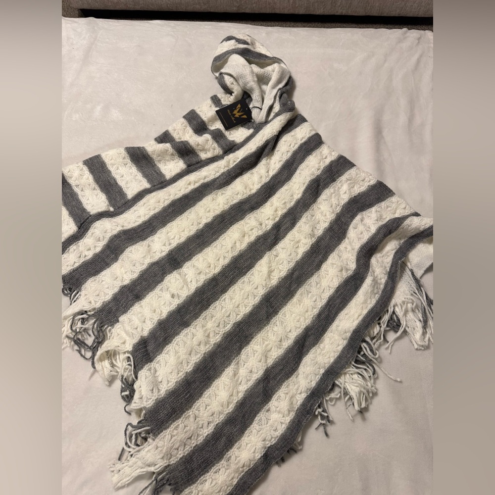 White Mark gray white stripe fringe poncho with hood